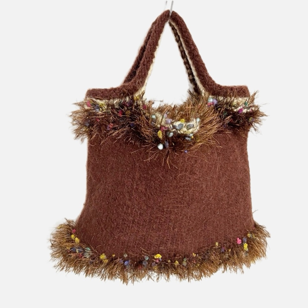 Unbranded Handcrafted Multi Yarn Types Knit Tote Fuzzy Trim Around Top Boil Wool